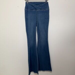 Vanilla Star Women Jeans Small Pull On Criss Cross Waist Flare Frayed Boho Weste